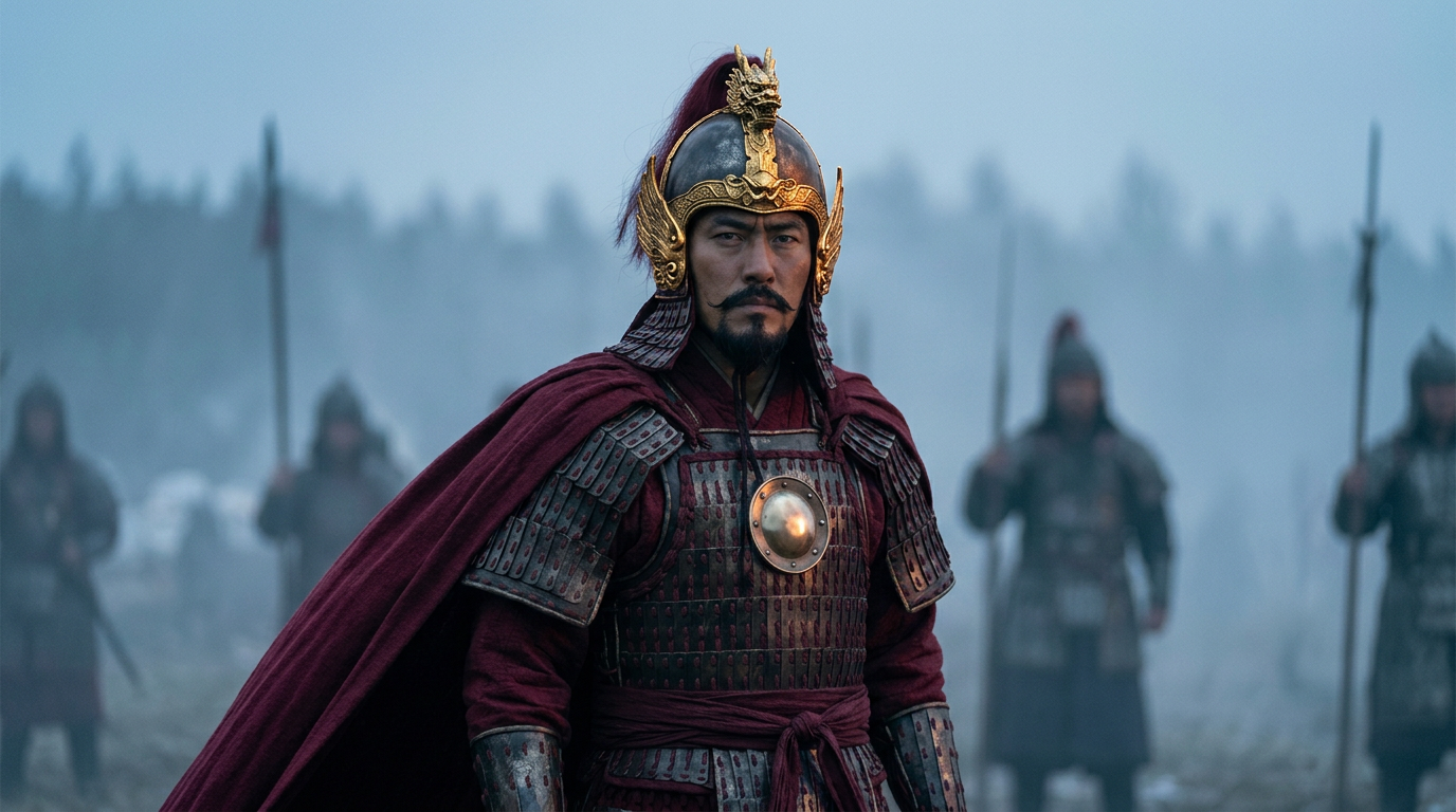 岳飞《满江红》忠义千秋 — Yue Fei in Song dynasty armour, AI cinematic film still, Aurora Artscape 极光艺廊